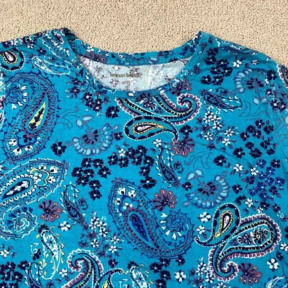 Woman Within Knit Top Women's 22/24 Short Sleeve Blue Paisley Crew Neck Cotton - Picture 2 of 9